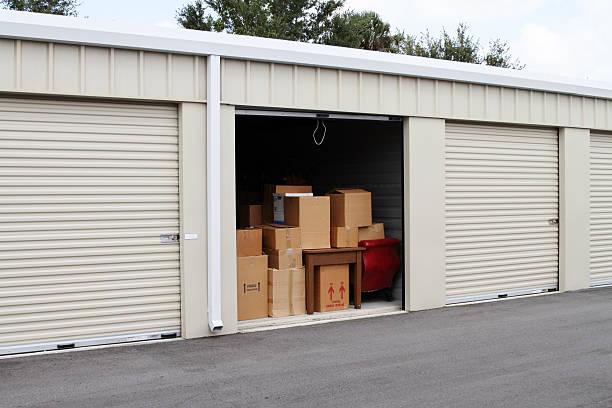 image of a storage unit filled with cardboard boxes